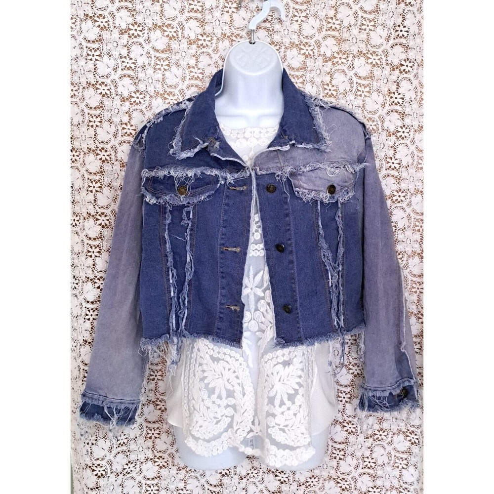Jean Jacket Size S Denim Distressed‎ Frayed Cropped Fitted Rebel Biker Unbranded